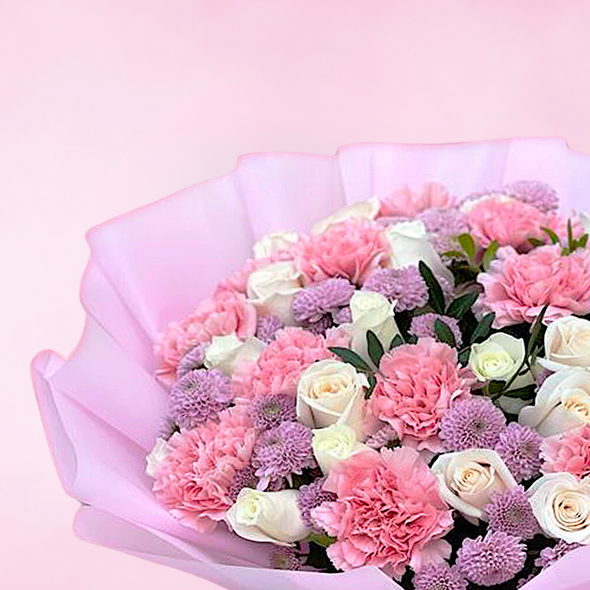 bouquet of pink, white and purple wrapped light purple